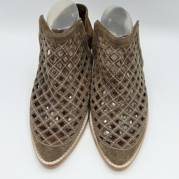 Jeffrey Campbell Taggart Olive Green Suede Cutout Stacked Heel Booties. - Picture 10 of 16